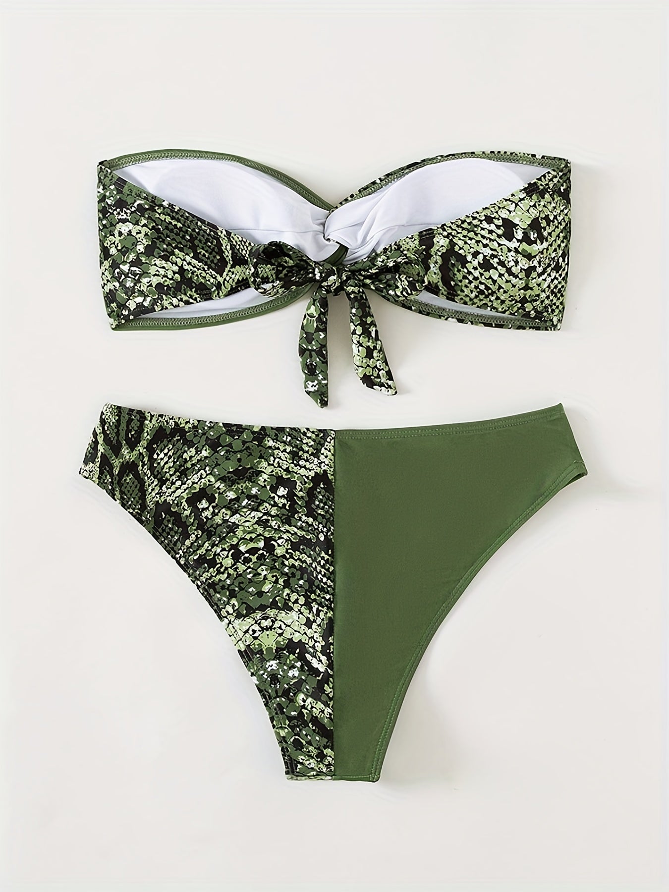 Snakeskin Print Green Bandeau 2 Piece Set Bikini, Knot Back Stretchy Patchwork Swimsuits, Women's Swimwear & Clothing