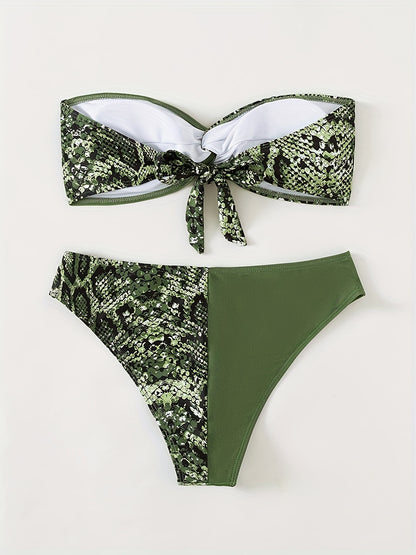 Snakeskin Print Green Bandeau 2 Piece Set Bikini, Knot Back Stretchy Patchwork Swimsuits, Women's Swimwear & Clothing