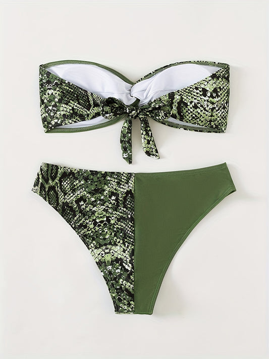 Snakeskin Print Green Bandeau 2 Piece Set Bikini, Knot Back Stretchy Patchwork Swimsuits, Women's Swimwear & Clothing