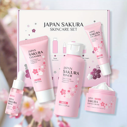 LAIKOU Cherry Blossom Five-Piece Set Gift Box Moisturizing & Hydrating Skincare Essence Cream, Face Care Kit, Gentle Cleanser, Toner, Eye Cream, Mask, Body Wash, Body Scrub, Body Lotion, Hand Cream, Lip Balm, Suitable for All
