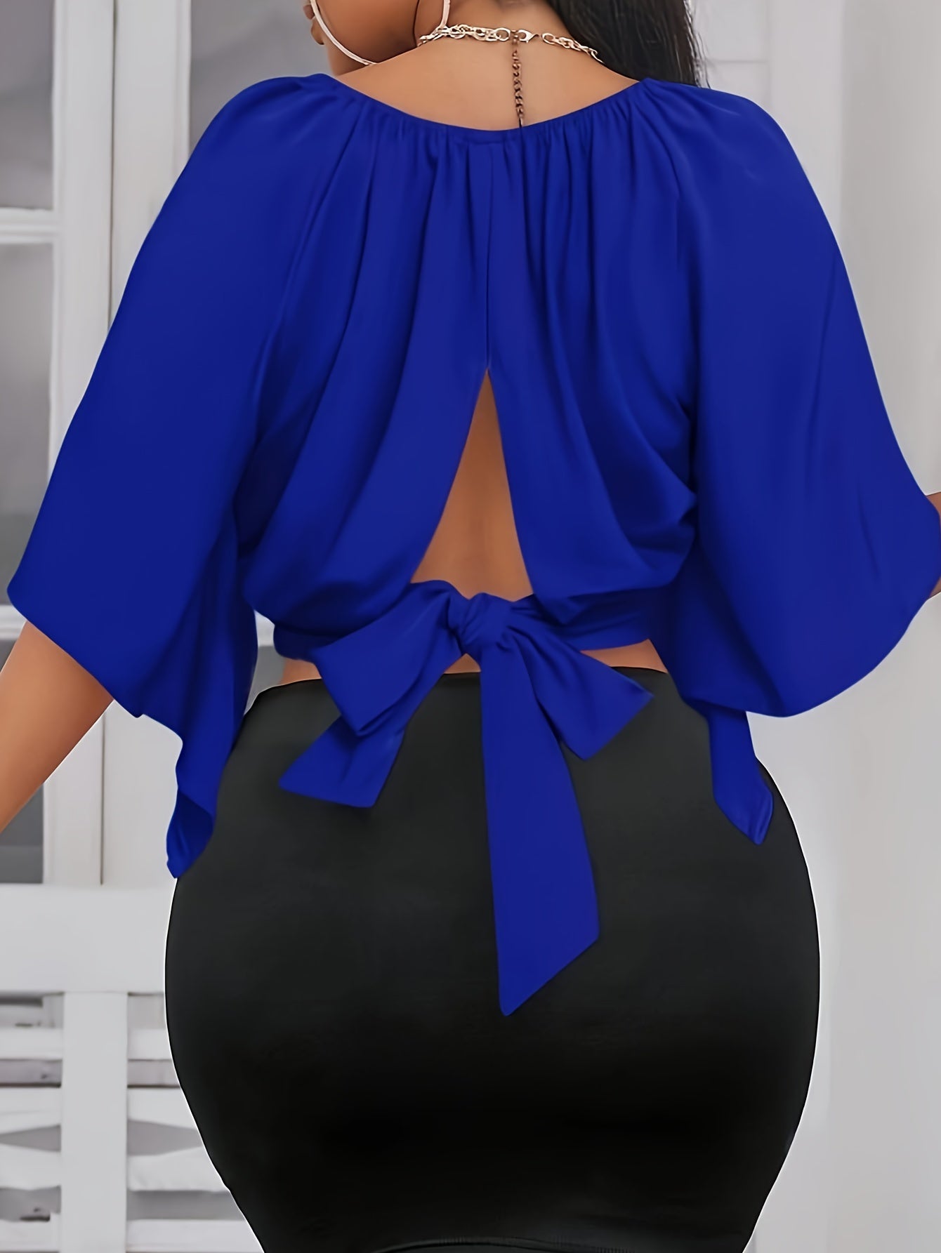 Solid Color Crew Neck Blouse, Elegant Short Sleeve Bow Back Split Blouse For Spring & Summer, Women's Clothing