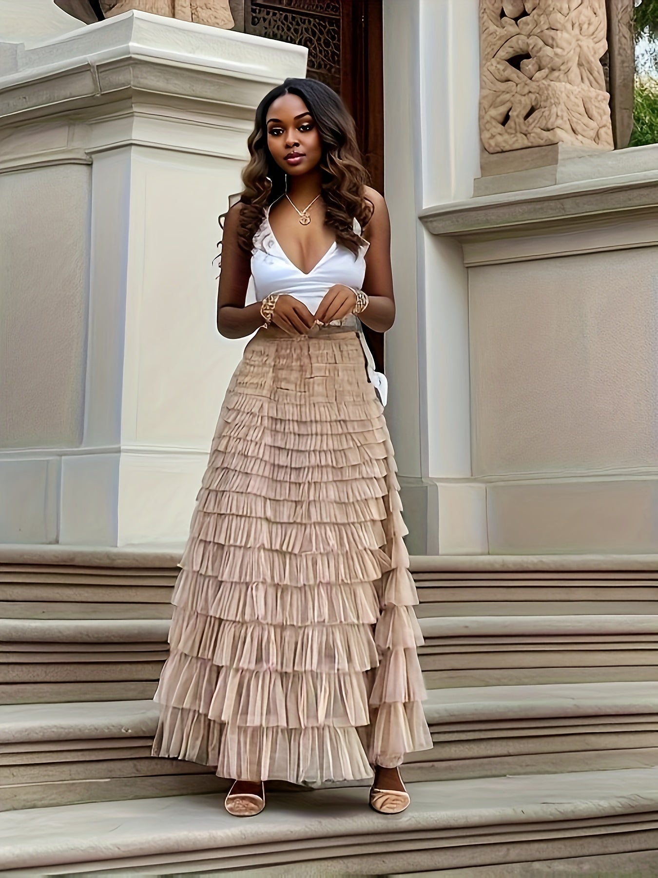 Multilayer Ruffles Tulle Skirt, Casual Fluffy Skirt For Spring & Summer, Women's Clothing