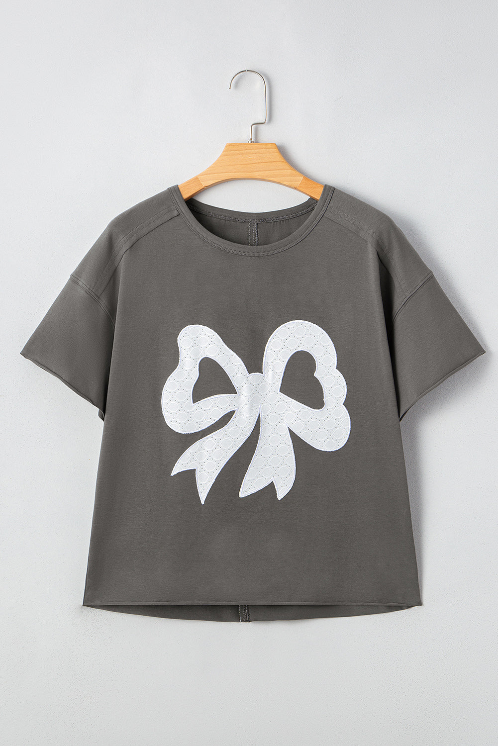 Medium Grey Lace Bow Raw Edge Drop Shoulder Casual T Shirt
