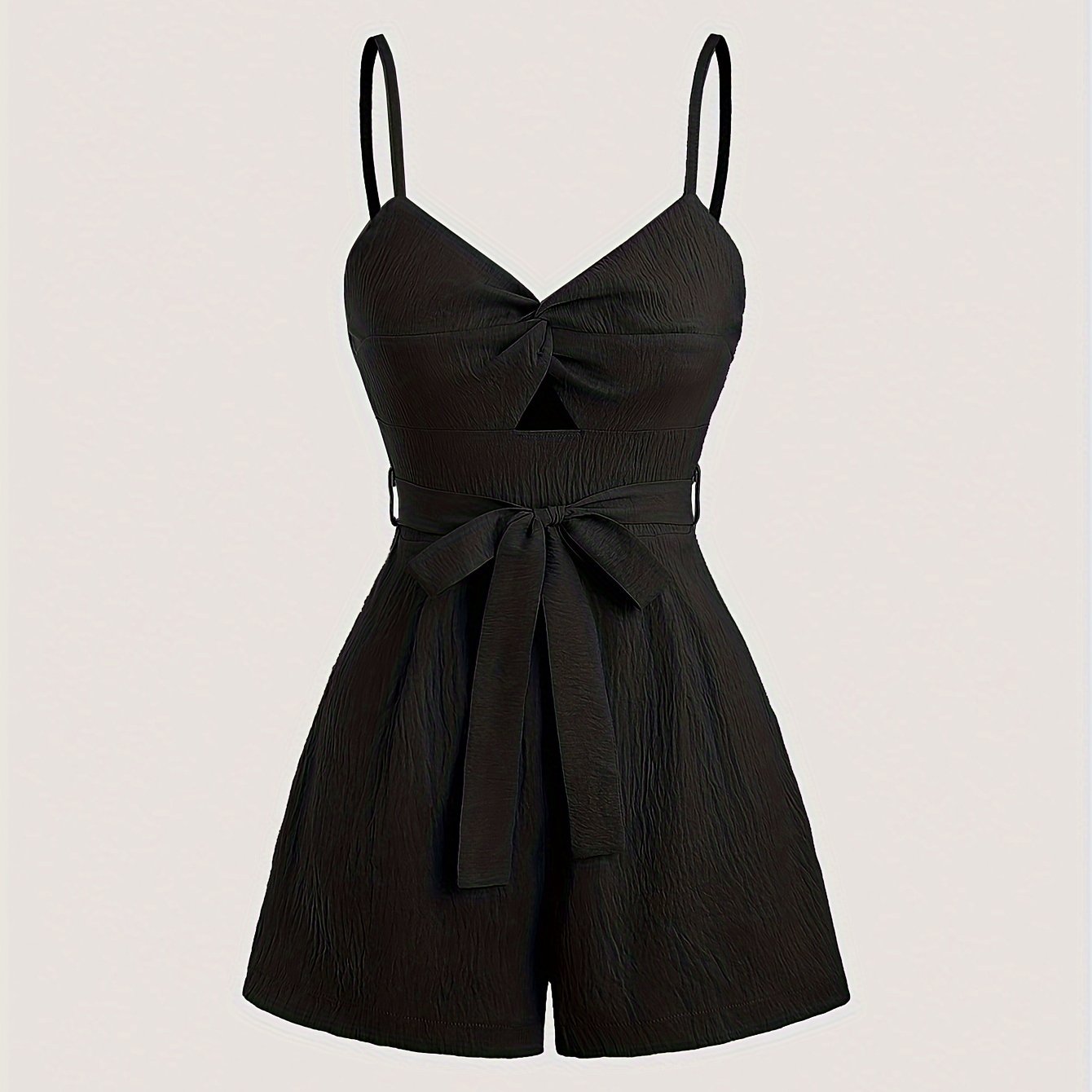 Twist Front Solid Belted Romper Jumpsuit, Casual Backless Spaghetti Strap Romper Jumpsuit For Spring & Summer, Women's Clothing