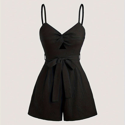 Twist Front Solid Belted Romper Jumpsuit, Casual Backless Spaghetti Strap Romper Jumpsuit For Spring & Summer, Women's Clothing