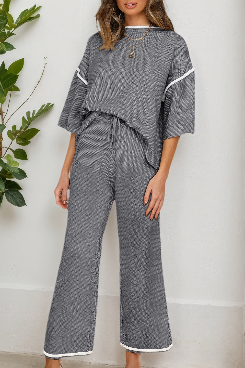 Medium Grey Contrast Trim Half Sleeve Top Drawstring Pants Loose 2pcs Sweater Suit