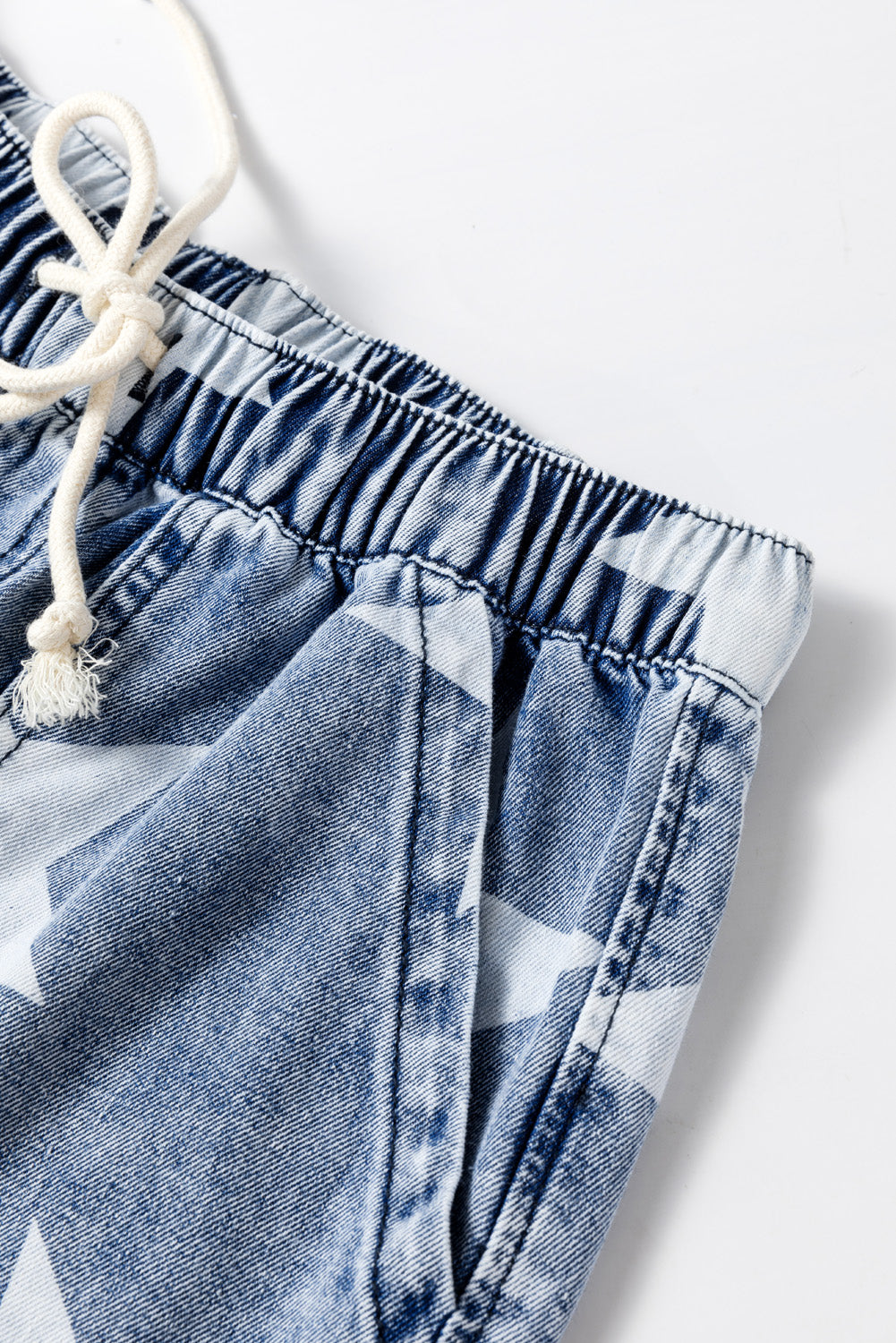 Light Blue Star Print Light Wash Drawstring Elastic Waistband Wide Leg Jeans