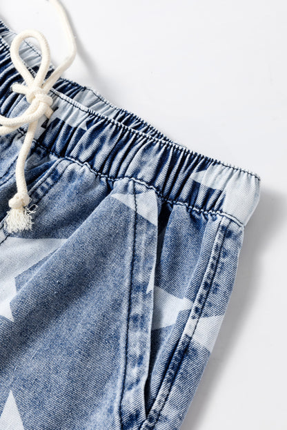Light Blue Star Print Light Wash Drawstring Elastic Waistband Wide Leg Jeans