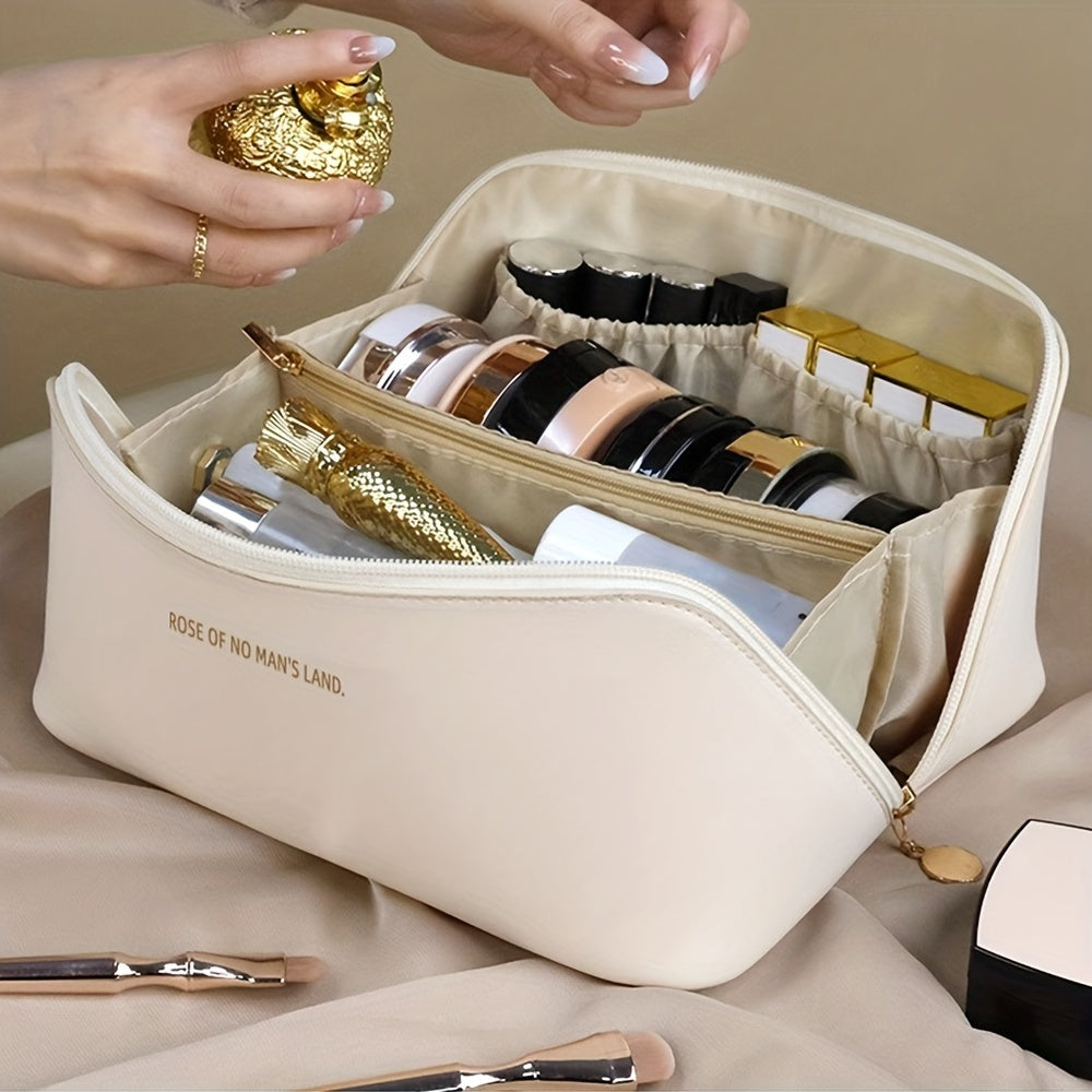 Spacious Luxurious PU Leather Makeup Organizer - Large Capacity, Waterproof, Multi-Functional Travel Storage for Beauty Tools - Ideal Shower-Resistant Cosmetic Case for Women