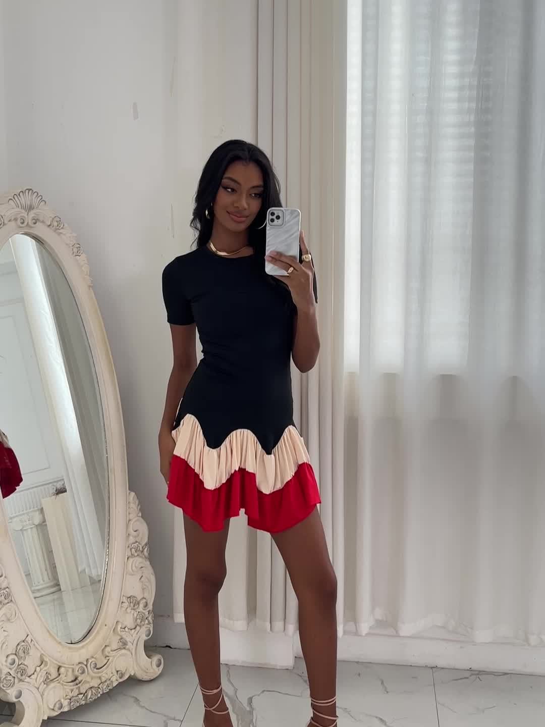 Women's Summer Color Block A-Line Dress - Black & Red Pleated Skirt, Breathable Short Sleeve, Machine Washable, Vacation & Casual Wear, Summer Fashion, Nontransparent Material