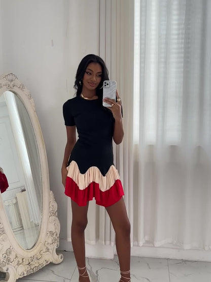 Women's Summer Color Block A-Line Dress - Black & Red Pleated Skirt, Breathable Short Sleeve, Machine Washable, Vacation & Casual Wear, Summer Fashion, Nontransparent Material