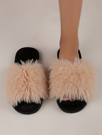 Elegant Women's Faux Fur Slippers - Winter Plush Open Toe Slip-On House Slippers with EVA Sole - Solid Color Fluffy Indoor Cotton Slides - Cixi Production Area