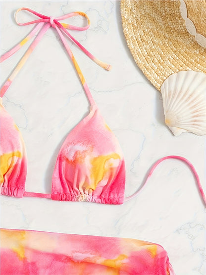 Vibrant Tie Dye Halter Bikini Set - Adjustable 3 Piece Swimwear with Backless Triangle Top & Flowy Cover Up Wrap for Women