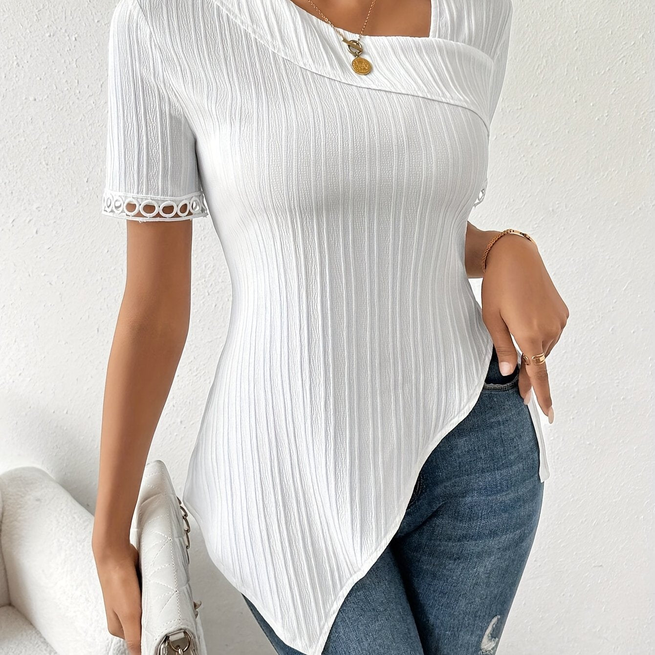 Stunning Asymmetric Hem Lace Blouse - Elegant Short Sleeve Ribbed Top for Spring & Summer, Chic Womens Clothing with Contrast Lace Detail, Perfect for Casual Outings and Outdoor Activities