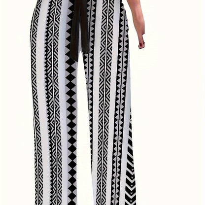 Plant Print Tie Waist Pants, Casual Wide Leg Long Length Pants, Women's Clothing