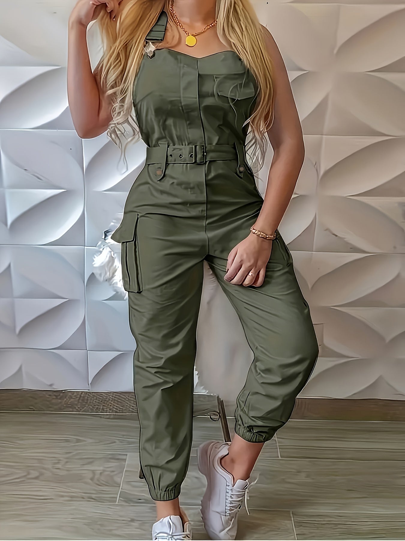 Solid Flap Pocket Belted Overall Jumpsuit, Casual Buckle Detail Loose Jumpsuit, Women's Clothing