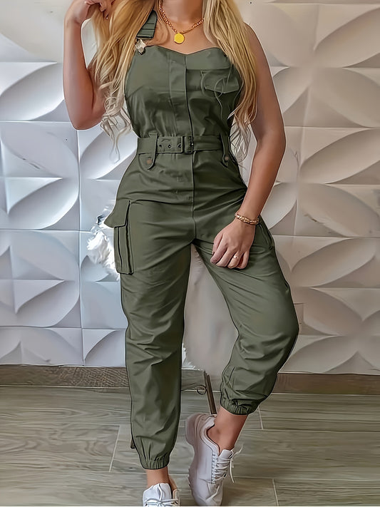 Solid Flap Pocket Belted Overall Jumpsuit, Casual Buckle Detail Loose Jumpsuit, Women's Clothing