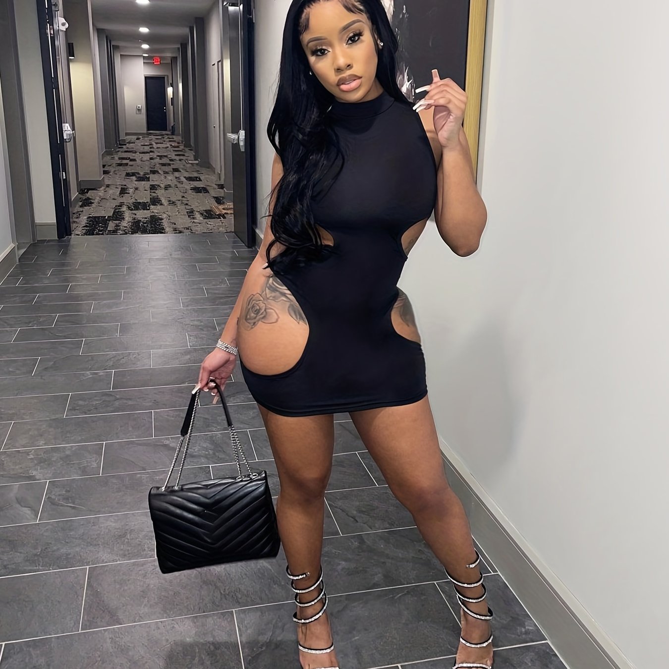 Women'S Sexy High Neck Cut-Out Mini Dress - Black Bodycon with Thigh-High Slit, Strappy Sandals & Clutch, Perfect for Summer Parties & Events, Party Attire | Sexy Bodycon Dress | Highneck Design