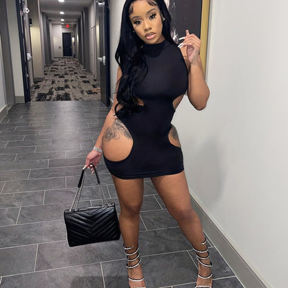 Women'S Sexy High Neck Cut-Out Mini Dress - Black Bodycon with Thigh-High Slit, Strappy Sandals & Clutch, Perfect for Summer Parties & Events, Party Attire | Sexy Bodycon Dress | Highneck Design