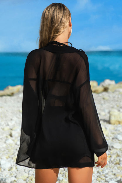 Black Sheer Tunic Shirt Drawstring Shorts 2pcs Swim Cover Up