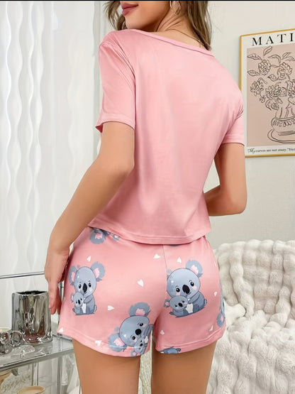 [Cute Pajama] Cute Koala Print Women's Short Sleeve Pajama Set | Pink Cartoon Design with Bow Detail, All-Season Comfort, Pullover Style, Short Length, Adult Size, Casual Sleepwear