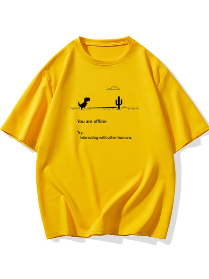 Men's Plus Size 'You are offline...' Print Stretch T-shirt, Oversized Short Sleeve Tops For Spring Summer, Causal Loose Clothing For Big And Tall Guys