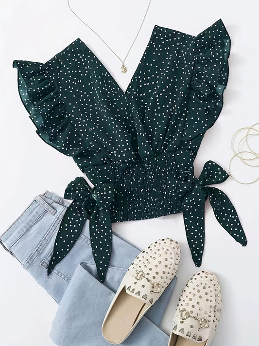 Vibrant Allover Print Blouse with Chic Bow Accent - Flattering Surplice Neck & Ruffled Waist - Womens Casual Fashion