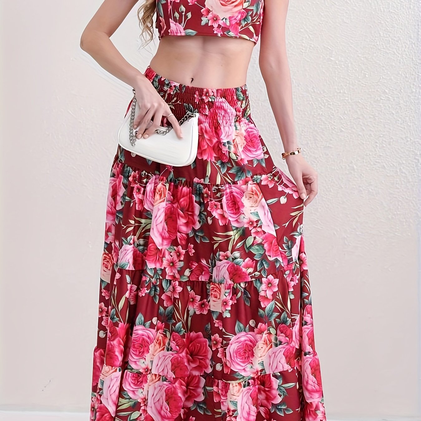 Vacation Style Floral Print Two-piece Set, Ruffle Trim Crop Top & High Waist Swing Skirt Outfits, Women's Clothing
