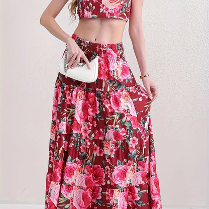 Vacation Style Floral Print Two-piece Set, Ruffle Trim Crop Top & High Waist Swing Skirt Outfits, Women's Clothing