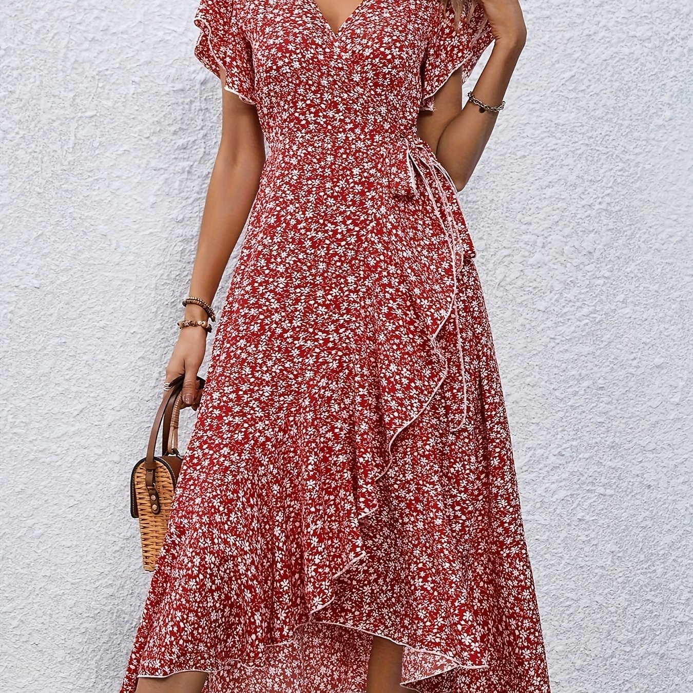 Women's Spring & Summer Dress - Elegant Floral Print, Surplice Neck with Tie, Casual Flutter Sleeves & Ruffle Hem, Perfect for Every Day & Special Occasions