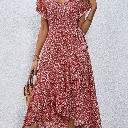 Women's Spring & Summer Dress - Elegant Floral Print, Surplice Neck with Tie, Casual Flutter Sleeves & Ruffle Hem, Perfect for Every Day & Special Occasions