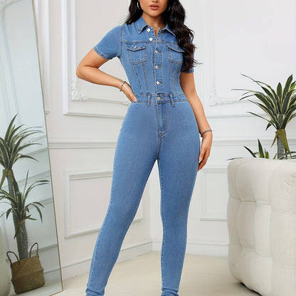 Trendy Washed Blue Skinny Fit Denim Jumpsuit - Soft, Comfortable, Single-Breasted, Short Sleeve, Relaxed Fit, Women's Fashionable Denim Overalls - Perfect for Casual Daily Wear, Outdoor Activities, and Street Fashion