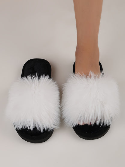 Elegant Women's Faux Fur Slippers - Winter Plush Open Toe Slip-On House Slippers with EVA Sole - Solid Color Fluffy Indoor Cotton Slides - Cixi Production Area
