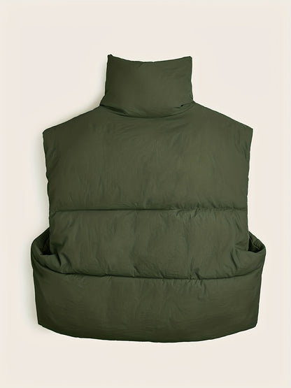 Women'S Elegant High-Neck Padded Vest with Drawstring Detail - Solid Color, Thick Warm Winter Sleeveless Jacket Vest, Casual Streetwear Style, 200g/m² Fabric Weight, Autumn/Winter Essential