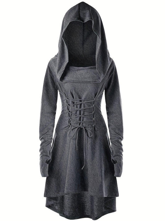 Long Sleeve Gothic Hooded Cosplay Dress - Spooky Chic, Comfortable, and Flowy Design for Halloween, Party, Performance, and Everyday Wear - Womens Clothing for All Occasions