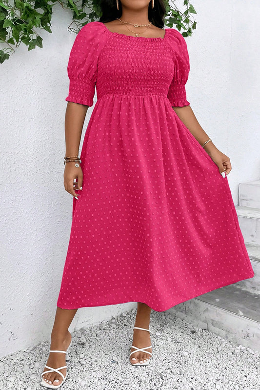 Sachet Pink Swiss Dot Smocked Frilled Neckline Short Sleeve Plus Size Dress