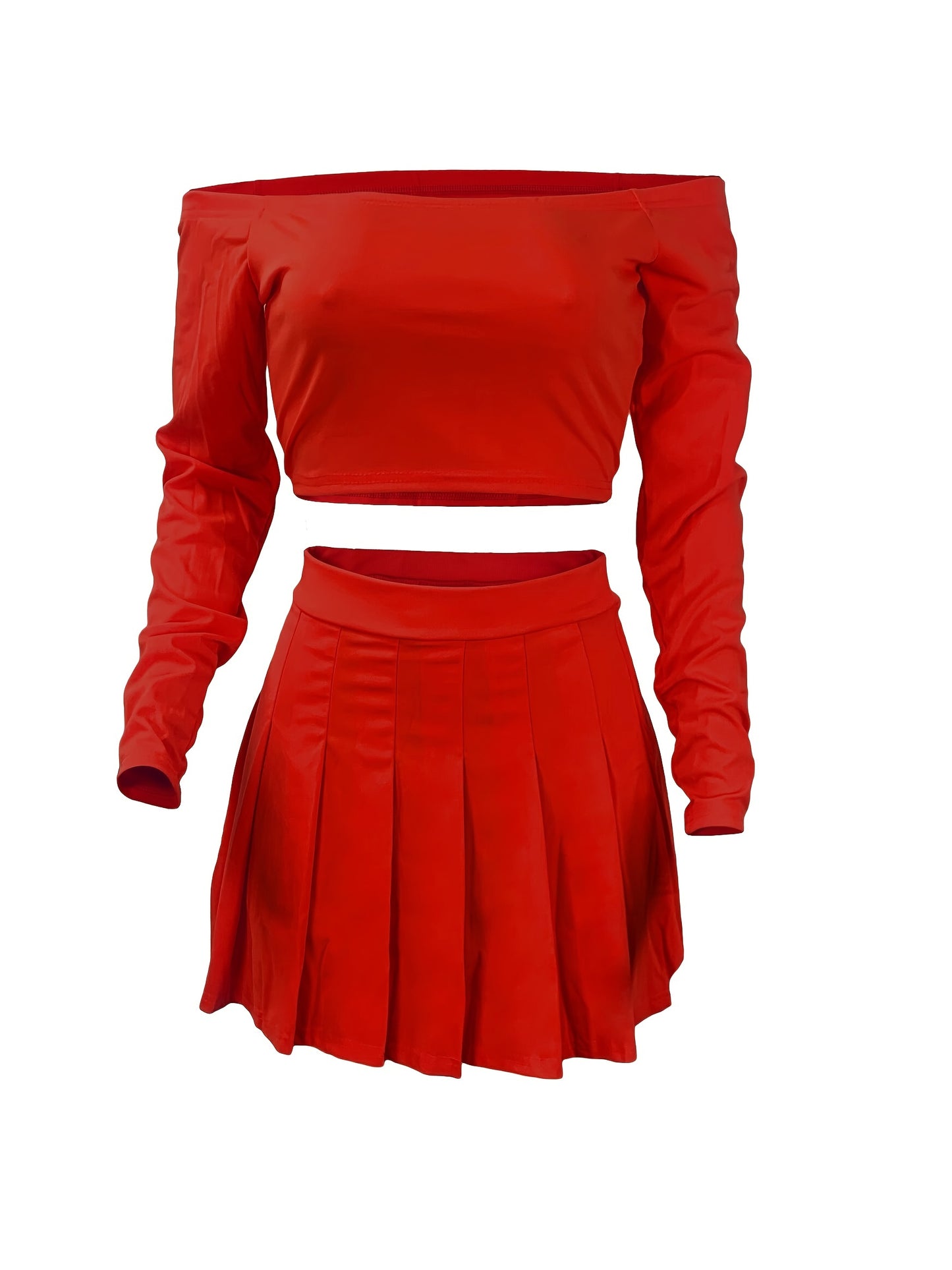 Solid Elegant Two-piece Set, Off Shoulder Long Sleeve Crop Top & Pleated Mini Skirt Outfits, Women's Clothing