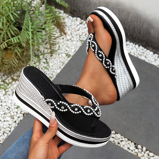 Women'S Rhinestone-Embellished Platform Sandals - Slip-On Chunky Heel Open-Toe Slippers with Faux Cover Upper & PU Sole, All-Season Comfort for Casual & Formal Occasions, High Heel Sandals, Formal Footwear, Elegant Footwear,