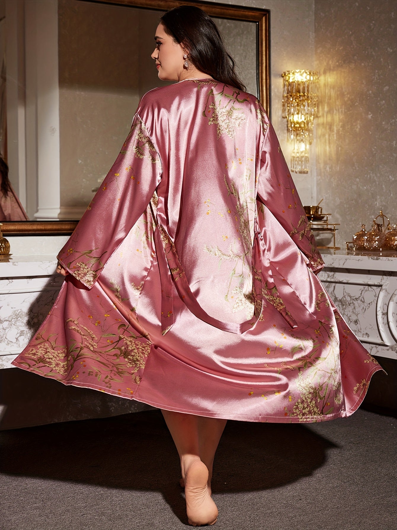 2pcs Set Plus Size Autumn and Winter Faux Cherry Print Fashion Sexy Nightgown Sleep Dress Two-Piece for Women