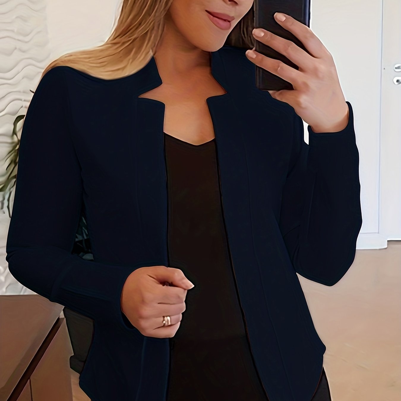 Solid Open Front Blazer, Casual Long Sleeve Blazer For Office & Work, Women's Clothing