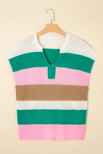 Multicolour Plus Size Striped Colorblock V Neck Short Sleeve Sweater