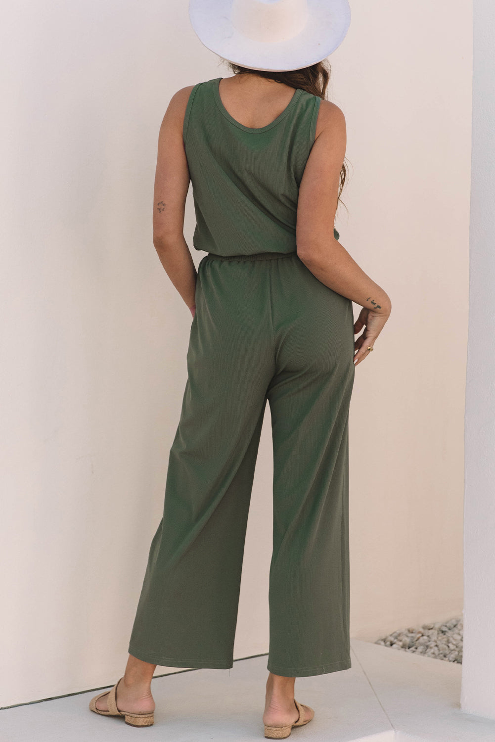 Vineyard Green Buttoned Drawstring Elastic Waistband Sleeveless Wide Leg Jumpsuit