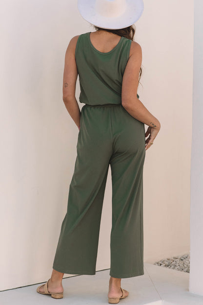 Vineyard Green Buttoned Drawstring Elastic Waistband Sleeveless Wide Leg Jumpsuit