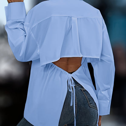 Chic Cut Out Blouse with Tied Detail - Flattering Long Sleeve Design for Spring & Fall - Versatile Womens Fashion Clothing