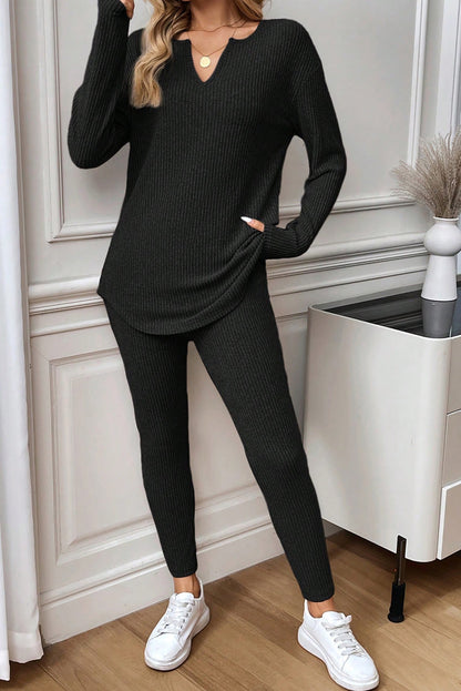 Black Ribbed Notched Neck Knit Long Sleeve Leggings Two Pieces Lounge Set