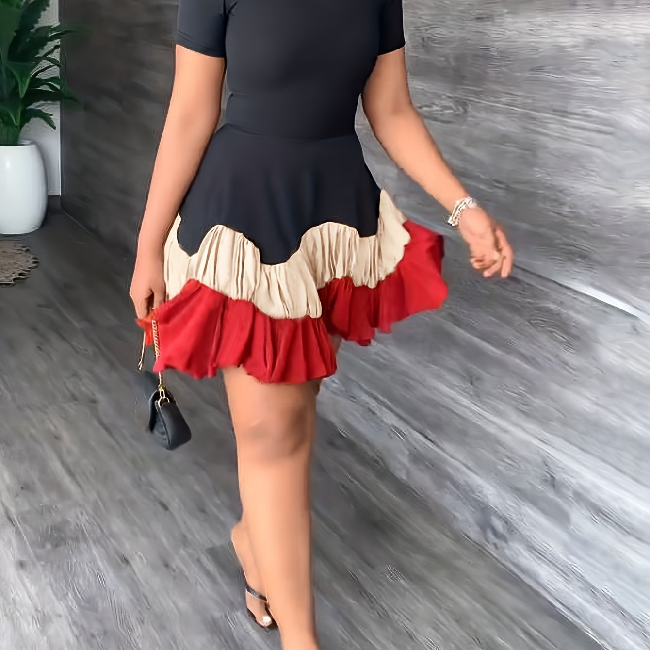 Women's Summer Color Block A-Line Dress - Black & Red Pleated Skirt, Breathable Short Sleeve, Machine Washable, Vacation & Casual Wear, Summer Fashion, Nontransparent Material