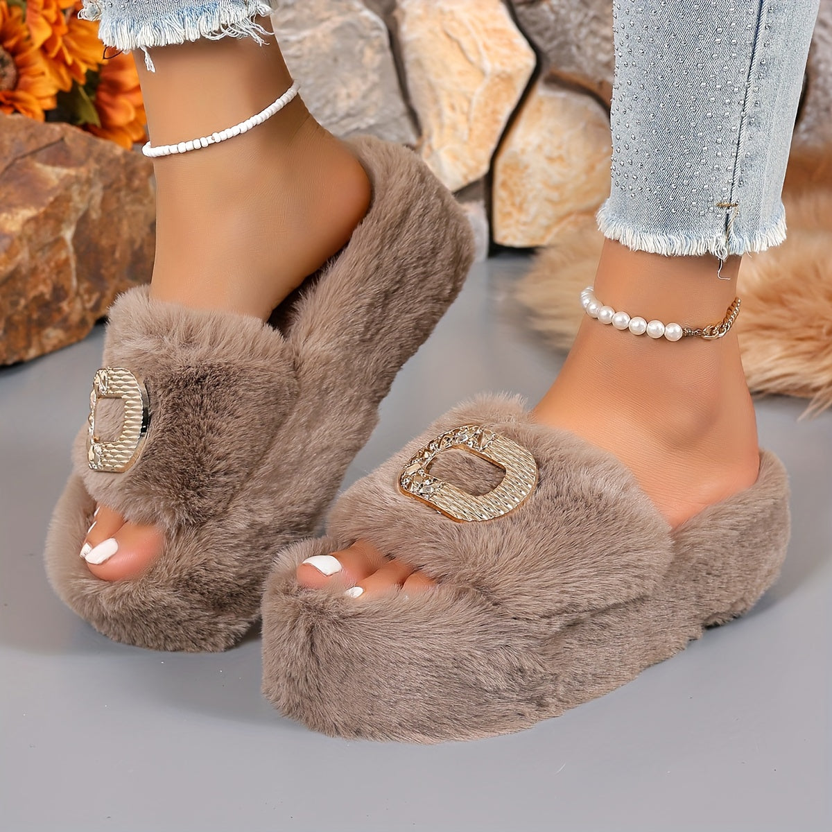 [Luxury Slip-On] Plush Faux Fur Women's Slip-On Slippers | Thick Cushioned Rubber Sole & Metallic Buckle Accents - All-Season Indoor/Outdoor House Shoes in Black, Beige, White, Brown, Comfort Footwear, Luxury Slipon, Soft Sli
