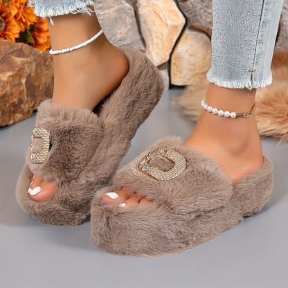 [Luxury Slip-On] Plush Faux Fur Women's Slip-On Slippers | Thick Cushioned Rubber Sole & Metallic Buckle Accents - All-Season Indoor/Outdoor House Shoes in Black, Beige, White, Brown, Comfort Footwear, Luxury Slipon, Soft Sli