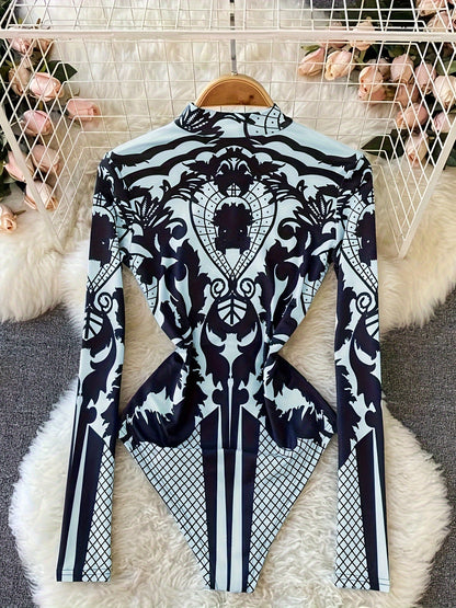Women'S Tropical Print Bodysuit with Rhinestone Detail - Slim Fit, Stand Collar, Long Sleeve, All-Season Versatile Jumpsuit for Casual or Stylish Outfits, Stylish Outfit Bodysuit | Stand Collar Top | Polyester Fabric, Bodysui