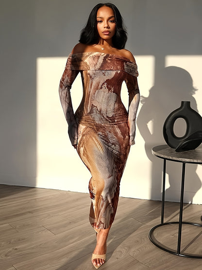 Tie Dye Off Shoulder Dress, Elegant Long Sleeve Bodycon Dress For Party & Club, Women's Clothing Wedding occasion engagement party ceremony